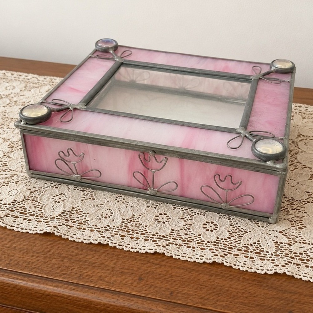 Vintage Pink Stained Glass Jewelry Box Mirrored Tulip Floral Trinket Box